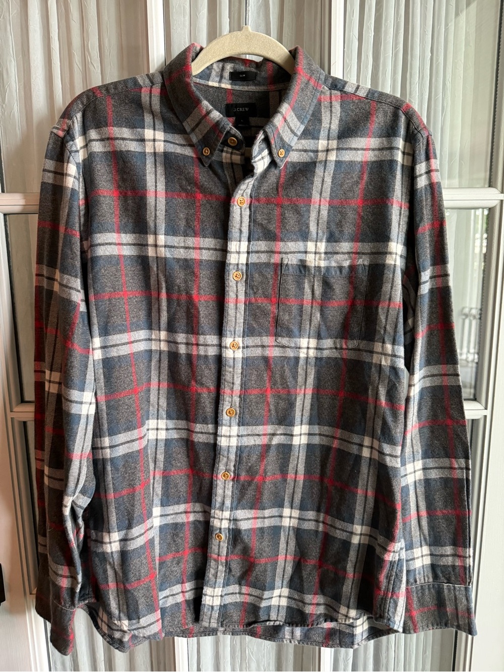 J. Crew Men's Grey Plaid Flannel Shirt Slim Fit Sz L Long Sleeve